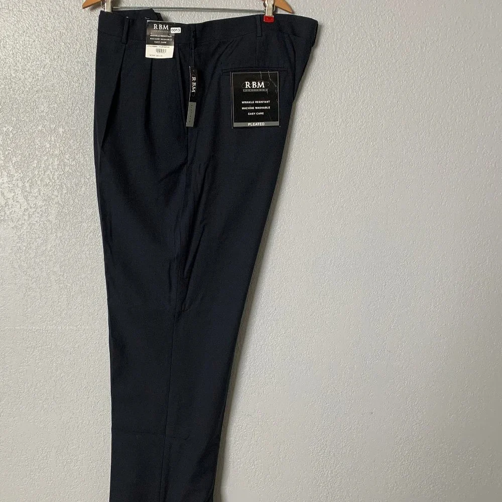 (T13) RBM Platinum Big & Tall Men's Navy Pleated Dress Pants cuffed leg, 44wx32L